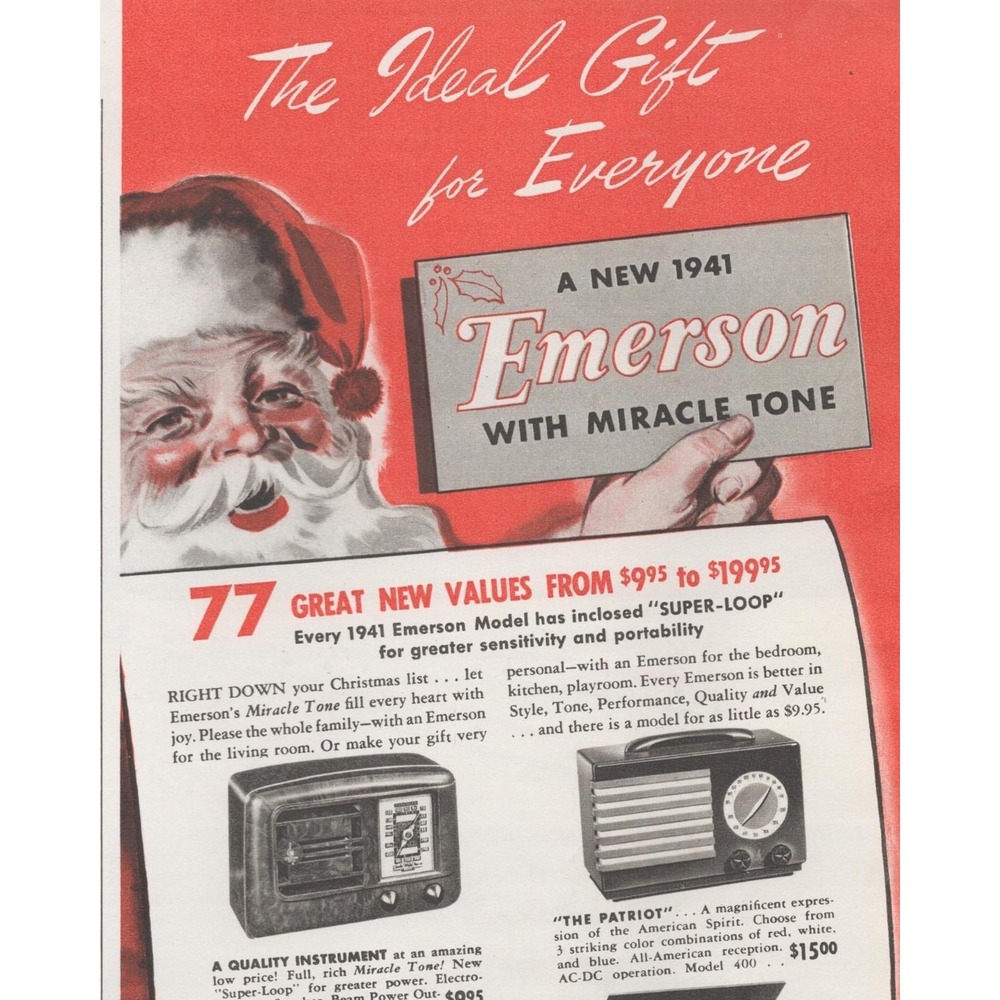 Vintage 1941 Emerson Radio Print Ad Santa Christmas Phonograph Home Decor